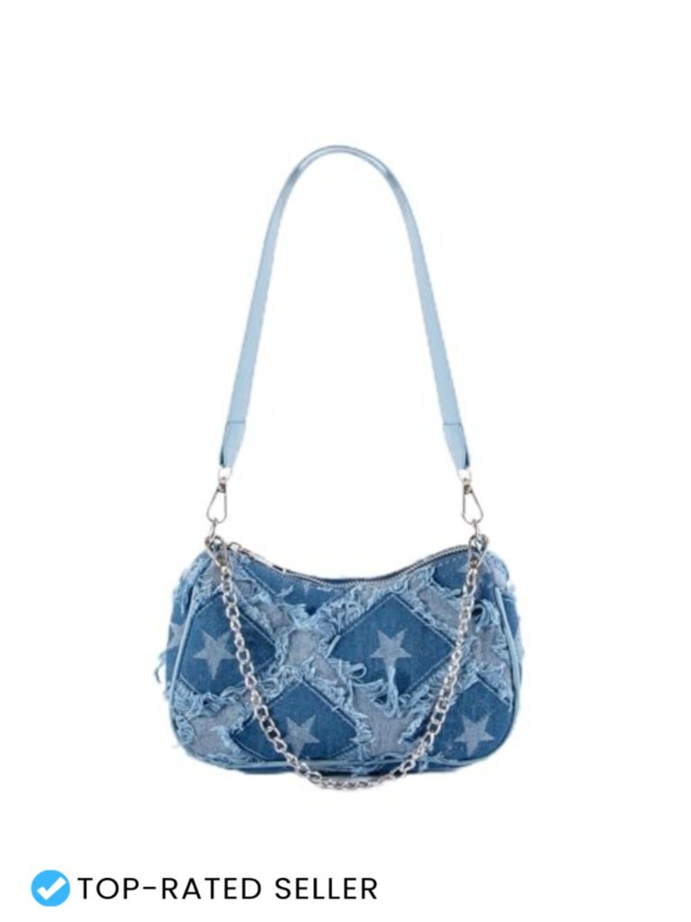 Y2K Denim Mini Shoulder Bag with Star Embroidery and Chain Strap